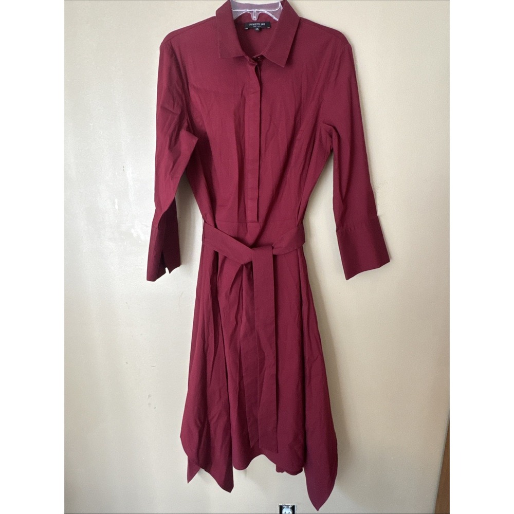 Lafayette 148 New York Women's  14 Burgundy Belted Shirt Dress Handkerchief Hem